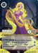 The Disney Promo Card titled "Rapunzel - Gifted with Healing" is a fantasy-themed collectible. It features Rapunzel with her iconic long, golden hair and dressed in a purple gown. The card displays the stats: a "4" in the top-left corner, and a "1" and "5" in the bottom-right. Her abilities are listed under the titles "Rapunzel" and "Gleam and Glow.