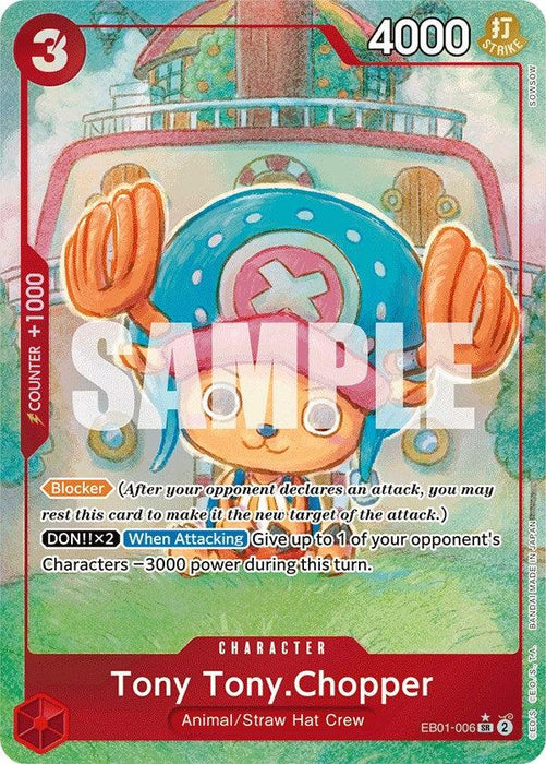 A Super Rare Tony Tony.Chopper (Alternate Art) [Extra Booster: Memorial Collection] trading card from Bandai featuring Tony Tony Chopper from "One Piece." Chopper is illustrated with a smiling expression, wearing his signature blue hat adorned with a pink X. The card has a red border, stats including 4000 power, and abilities like Blocker and DON!!X2 described. "SAMPLE" is watermarked on the card.