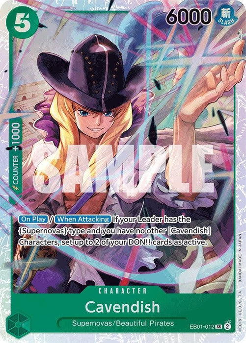 A trading card featuring an illustration of Cavendish from the Supernovas/Beautiful Pirates. With long blond hair and a dark hat, Cavendish stands against a colorful backdrop. This Super Rare card includes stats like 6000 power and "On Play/When Attacking" abilities, numbered EB01-012 SR. "SAMPLE" overlays the center. The product is named Cavendish [Extra Booster: Memorial Collection], from Bandai.