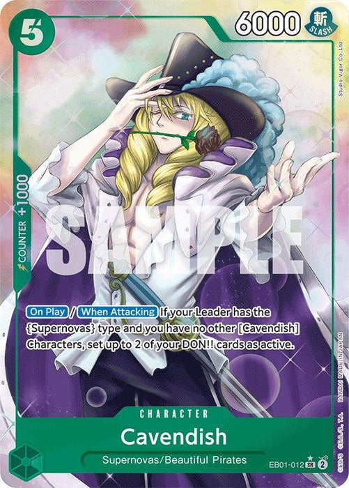A Cavendish (Alternate Art) [Extra Booster: Memorial Collection] character card from Bandai featuring Cavendish. The card displays a blonde person with a feathered hat, long coat, and frilly shirt. It also shows a 5-cost, 6000 power level, and 'SLASH' attack type. The card details the abilities: "On Play/When Attacking" and belongs to the "Supernovas/Beautiful".