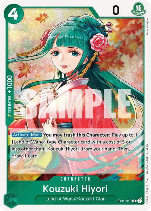 A Kouzuki Hiyori [Extra Booster: Memorial Collection] Character Card featuring Kouzuki Hiyori from the Land of Wano/Kouzuki Clan by Bandai. She has long green hair adorned with a red flower and wears a red and pink kimono. The card, part of the Extra Booster Memorial Collection, has a green border, 1000 Counter, and an Activate: Main ability for 'Land of Wano' Character cards.