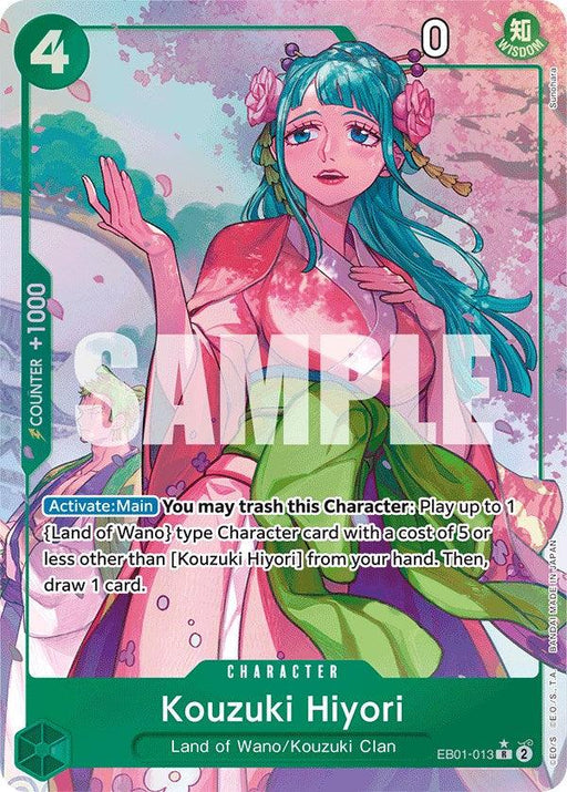 A rare trading card featuring Kouzuki Hiyori from the Land of Wano/Kouzuki Clan. She has long turquoise hair with pink flowers and wears a pink floral kimono. The Kouzuki Hiyori (Alternate Art) [Extra Booster: Memorial Collection] card by Bandai details "Activate: Main" abilities, 1000 power, and ID "EB01-013." The background displays an abstract design.