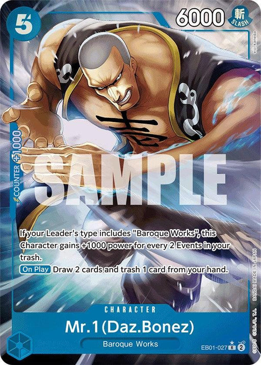 A trading card from the Bandai Memorial Collection featuring Mr. 1 (Daz.Bonez) (Alternate Art) [Extra Booster: Memorial Collection] of Baroque Works (One Piece). This Extra Booster card has a cost of 5, 6000 power, and a counter of 1000. Gain +1000 power per 2 events in the trash and draw 2 cards while trashing 1 from your hand.