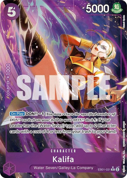 Image of the "Kalifa (Alternate Art) [Extra Booster: Memorial Collection]" card from the Bandai One Piece Card Game (EB01-031) Extra Booster Memorial Collection. This rare character card features Kalifa of Water Seven/Galley-La Company in a dynamic pose with glowing purple energy. The card has a power level of 5000 and a cost of 5, with "SAMPLE" overlaid on the image.