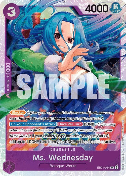 This is an image of a trading card featuring the character "Ms. Wednesday" from Baroque Works. The card, part of the exclusive Bandai Ms. Wednesday [Extra Booster: Memorial Collection], has a pink background, a purple border, and a sample watermark. Ms. Wednesday has blue hair and is wielding a weapon. The card details her abilities and various game mechanics.

