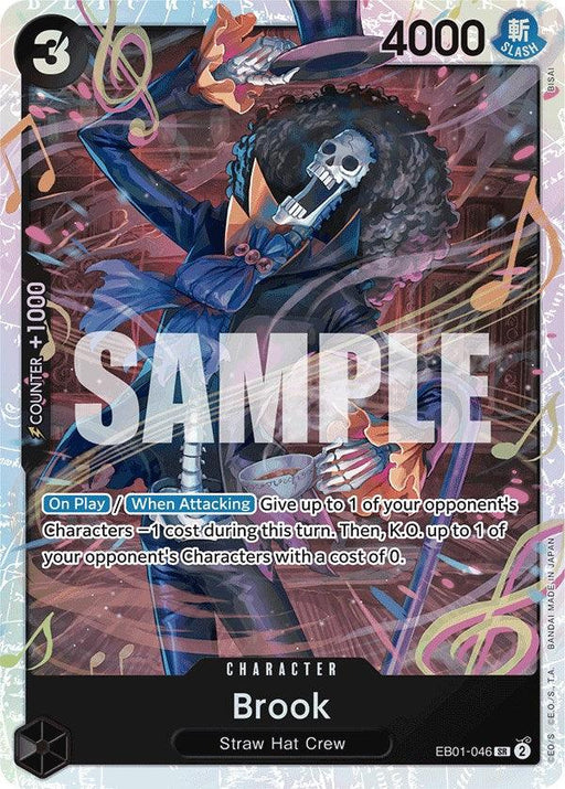 This Super Rare trading card, Brook [Extra Booster: Memorial Collection] by Bandai, features "Brook," a skeleton character with an afro wearing a suit. With a power of 4000 and a cost of 3, the background is adorned with musical notes and vibrant colors. Text on the card details his special abilities, making it a standout in the Extra Booster Memorial Collection.
