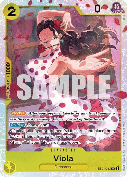 A colorful Bandai Viola [Extra Booster: Memorial Collection] trading card features a female character named Viola from Dressrosa. She has long dark hair, wears a red dress, and is surrounded by red petals. The card, part of the Memorial Collection, has a purple background with game statistics and special abilities. "SAMPLE" is printed across the center.