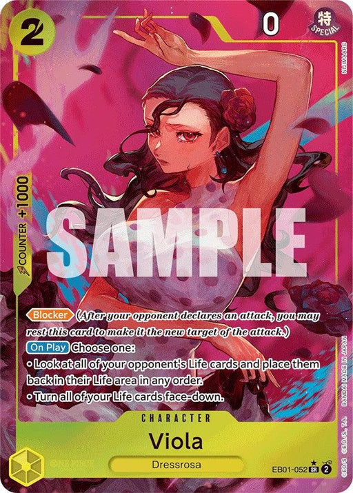 A trading card from the Extra Booster: Memorial Collection by Bandai features Viola (Alternate Art) [Extra Booster: Memorial Collection]. Viola, with long dark hair and wearing a red rose, is depicted in a dynamic pose with a confident expression. The Character Card has a yellow border, includes text on abilities and stats, and has "SAMPLE" in large white letters across the middle.