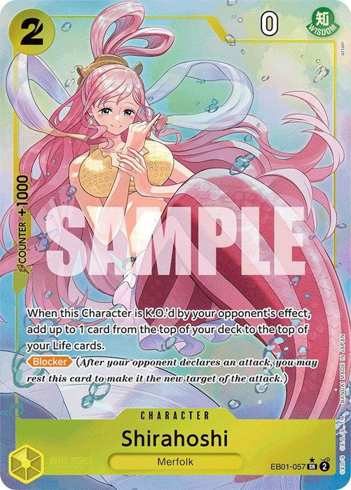 A Super Rare Card featuring Shirahoshi, a mermaid character with long pink hair. She has a fish tail and is holding a flower. The card details her abilities in text, with a cost of 2 and power of 1000. The word "SAMPLE" is overlaid in bold white letters. This card is the Shirahoshi (Alternate Art) [Extra Booster: Memorial Collection] from Bandai.