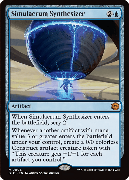 A Magic: The Gathering card titled "Simulacrum Synthesizer [Outlaws of Thunder Junction: The Big Score]" from the Outlaws of Thunder Junction set. With a blue border, it costs 2 colorless and 1 blue mana. The card depicts a character emerging into a futuristic, glowing portal, with abilities to scry 2 and create an artifact creature token based on controlled artifacts.