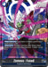 A trading card features "Zamasu: Fused," a green-skinned character with white hair, holding a glowing purple energy sphere. With a blazing aura, the Super Rare card has a power level of 25,000 and 4 energy. Text descriptions include effects activated during attack and when KO'd. The card is numbered Zamasu : Fused (FB02-044) [Blazing Aura] from the Dragon Ball Super: Fusion World series.