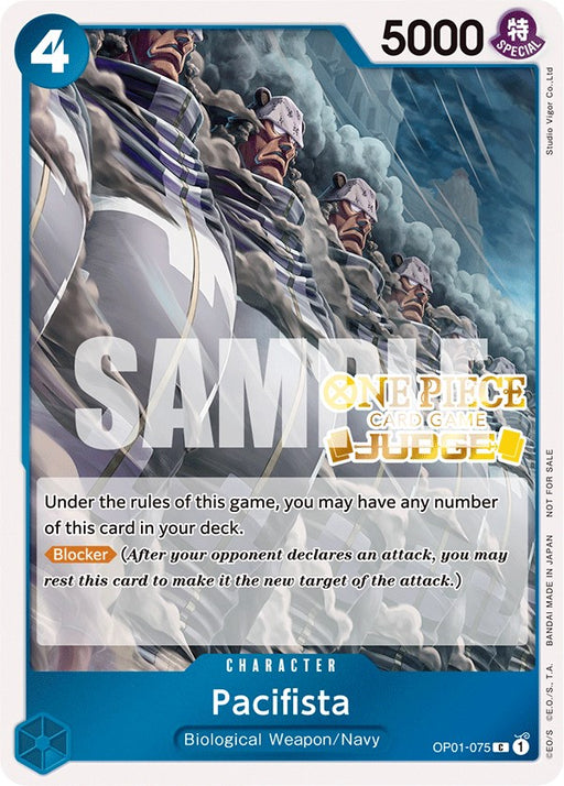 A Bandai product titled "Pacifista (Judge Pack Vol. 3) [One Piece Promotion Cards]," designated as OP01-075. This Character Card features four identical robotic figures in military attire, labeled "Biological Weapon/Navy." It's a Blocker card with 5000 power and a cost of 4. Text reads: "You may have any number of this card in your deck.