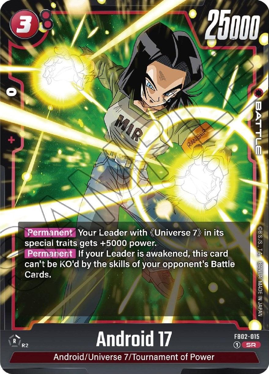 A Super Rare collectible card featuring Android 17 [Blazing Aura] from the anime Dragon Ball Super: Fusion World. The card includes his stats: 3 energy cost, 25000 power. With its Blazing Aura, it has special traits and effects, including a permanent boost of 5000 power to the leader and a feature preventing battle card knockouts.