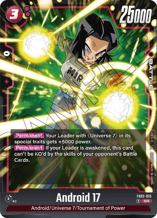 A Super Rare collectible card featuring Android 17 [Blazing Aura] from the anime Dragon Ball Super: Fusion World. The card includes his stats: 3 energy cost, 25000 power. With its Blazing Aura, it has special traits and effects, including a permanent boost of 5000 power to the leader and a feature preventing battle card knockouts.