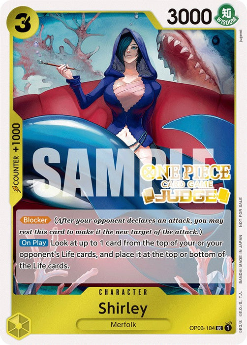 A trading card from the One Piece Card Game featuring "Shirley (Judge Pack Vol. 3) [One Piece Promotion Cards]" by Bandai. The uncommon character card has a yellow border with a green corner noting a power of 3000. Shirley is depicted with long black hair, wearing a blue cloak. Text description and blocker abilities are printed on the bottom half.