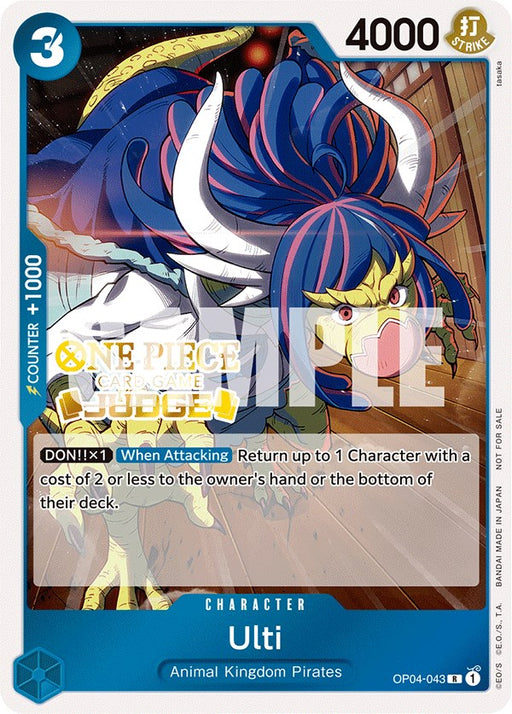 A rare character card from Bandai, the Ulti (Judge Pack Vol. 3) [One Piece Promotion Cards], featuring Ulti with her striking purple and blue hair and horned helmet. With 4000 power, a counter of +1000, and a DON!X1 ability to return an opponent's character to their hand or deck, this 2024 release is a must-have.