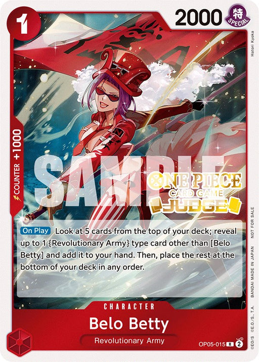 A One Piece Card Game card featuring "Belo Betty" from the Revolutionary Army. She is portrayed with purple hair, sunglasses, and a red cape, standing confidently. This rare card has 2000 power and belongs to the "Revolutionary Army" type. Text on the card details her gameplay abilities and stats, with "SAMPLE" written across it. The product name for this card is Belo Betty (Judge Pack Vol. 3) [One Piece Promotion Cards] by Bandai.