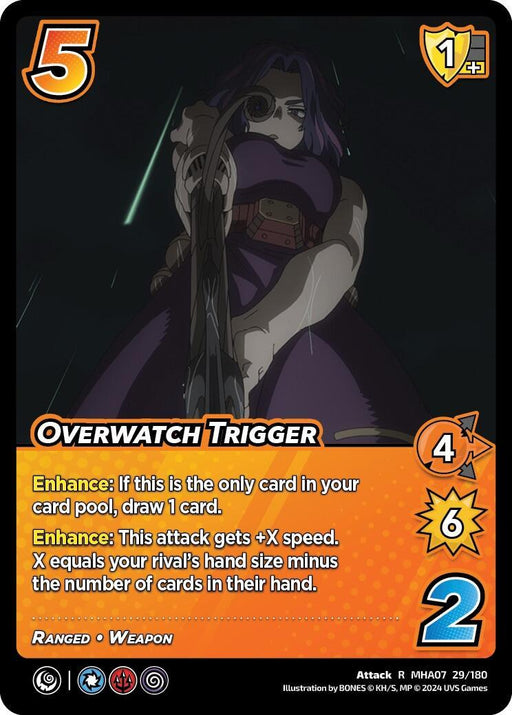 A rare trading card titled "Overwatch Trigger [Girl Power]" from UniVersus features a muscular character in a dynamic pose, wearing purple sunglasses and holding a ranged weapon. The card boasts stats of 5 difficulty, 1 check, 4 damage, 6 speed, and 2 range. Enhancements include drawing a card and gaining speed based on the rival's hand.