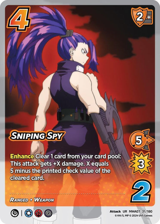 A trading card featuring an anime-style character with long purple hair in a high ponytail, holding a large weapon. The Ultra Rare UniVersus card title is "Sniping Spy [Girl Power]," with stats: 4 (top left), 2+ (top right), 5 (orange area), 3 (orange area), 2 (blue area). Text details the "Enhance" ability for ranged attacks.