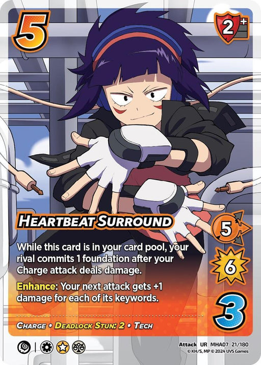 A Heartbeat Surround [Girl Power] card from the UniVersus card game depicts a character with purple hair and headphones, their jacks plugged into her arms. Titled "Heartbeat Surround," the card, which includes attack and defense stats, features a vibrant cityscape background. The character uses Charge techniques to deliver powerful attacks.