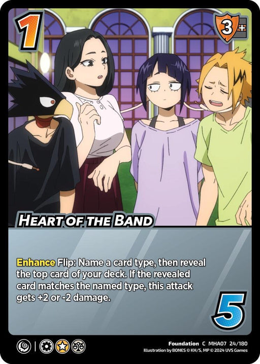 A trading card features an illustration of four anime characters in casual clothing. The card has "Heart of the Band [Girl Power]" written on it. The top left corner shows "1" in a hexagon, and the top right corner has "3+" beside an orange symbol. The text at the bottom provides game details and card type. This card is part of the UniVersus collection.