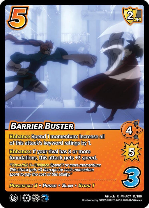 A "UniVersus" card named "Barrier Buster [Girl Power]" depicts an intense battle scene. The left character is leaping and delivering a powerful punch, while the right character defends with a barrier. Key stats: 5 difficulty, 2+ check, 4 high attack, 5 damage, and 3 speed. Various abilities and keywords are listed.