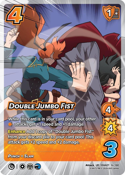 A UniVersus collectible card, "Double Jumbo Fist [Girl Power]," showcases an action scene with two characters clashing. This Ultra Rare card has a 4 difficulty rating, 1 high block modifier, 4 speed and damage, and 3 control. Key abilities include "+1 speed and +1 damage for other [F] attacks" and a recycle enhancement.