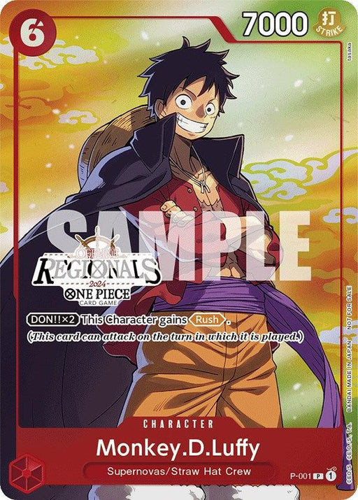 A Monkey.D.Luffy (Offline Regional 2024 Vol. 2) [Participant] [One Piece Promotion Cards] from Bandai featuring Monkey.D.Luffy. The card displays him in his usual attire, smiling confidently with his arms crossed. It is labeled "Regionals 2024" and has a power of 7000. There's a watermark over the image, and text indicating special abilities and character details.