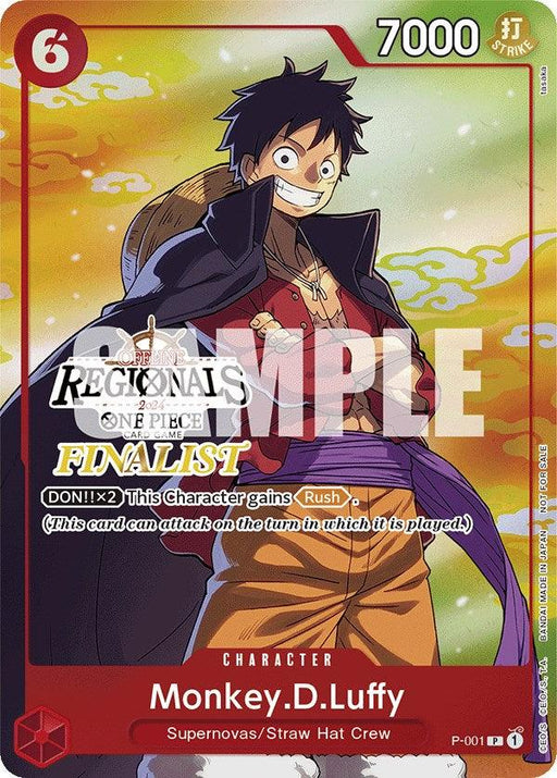 A promo trading card featuring **Monkey.D.Luffy (Offline Regional 2024 Vol. 2) [Finalist] [One Piece Promotion Cards]** from Bandai. The card highlights his 7000 power and cost of 6. Luffy is depicted smiling, wearing his iconic straw hat and cloak. The card states, "Regionals Finalist" and mentions the ability "DON!! X2 This Character gains 'Rush'".