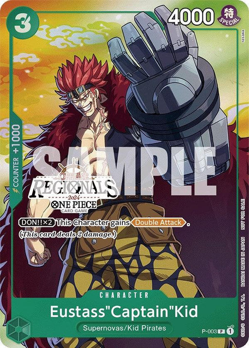A trading card showcases Eustass "Captain" Kid from the ONE PIECE Card Game. Part of the One Piece Promotion Cards, Eustass "Captain" Kid (Offline Regional 2024 Vol. 2) [Participant] [One Piece Promotion Cards], Kid is depicted in a fierce pose with his right arm replaced by a large mechanical claw. Text on the promo card details his abilities and stats, including 4000 power and 3 cost. The card's background features an illustrative landscape, produced by Bandai.