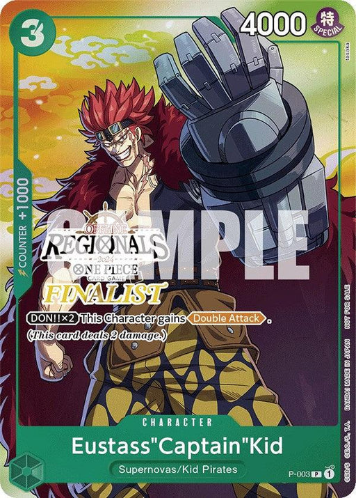 A Bandai Eustass "Captain" Kid (Offline Regional 2024 Vol. 2) [Finalist] trading card from the One Piece series. The character is depicted with spiky red hair, sunglasses, and a red fur-lined coat. Text on the card includes "REGIONALS FINALIST" and gameplay stats such as "Counter +1000" and "DON!! X2 This Character gains Double Attack." Perfect for One Piece Promotion Cards collectors!