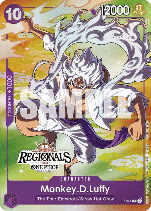 A character card from the One Piece card game features Monkey D. Luffy with white hair and attire. This promo card, boasting a 10 cost and 12000 power, reads "Monkey.D.Luffy (Offline Regional 2024 Vol. 2) [Participant] [One Piece Promotion Cards]" and includes the Bandai emblem.
