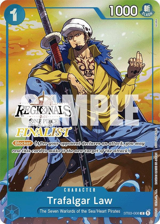 The image shows a promo playing card from the One Piece trading card game featuring the character Trafalgar Law in his signature outfit with a large sword. The card, named Trafalgar Law (Offline Regional 2024 Vol. 2) [Finalist] [One Piece Promotion Cards], is produced by Bandai. It has a blue border, displays "REGIONAL FINALIST," character type "Blocker," cost "1," power "1000," and card number "ST03-008.