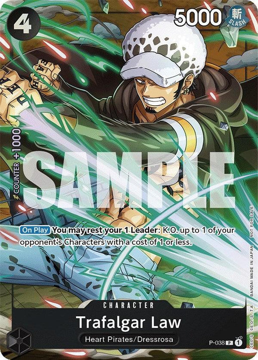 A Trafalgar Law (Event Pack Vol. 4) [One Piece Promotion Cards] from Bandai featuring Trafalgar Law from the Heart Pirates/Dressrosa. The card has a cost of 4, power of 5000, and counter of +1000. Its "On Play" ability rests 1 Leader to K.O. an opponent's Character with a cost of 1 or less. The number P-038 is seen in the bottom right corner, marking it as part of the promotion set.
