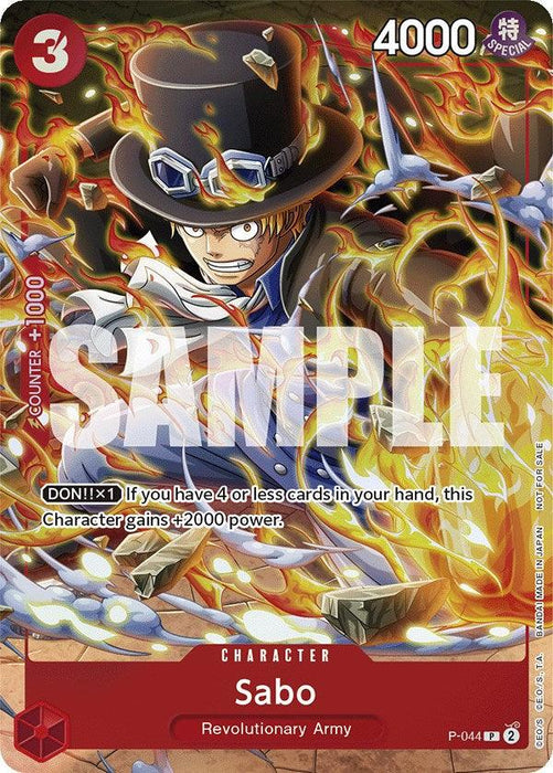 Image of a promo trading card featuring Sabo (Event Pack Vol. 4) [One Piece Promotion Cards] from Bandai, showcasing character "Sabo" from the Revolutionary Army in a dynamic action pose. Sabo is wearing a black top hat with goggles, a blue jacket, and a red scarf, with flames enveloping his arm. The card has a power value of 4000 and details a power boost if you have four or fewer cards in hand. Part of the One Piece Promotion.
