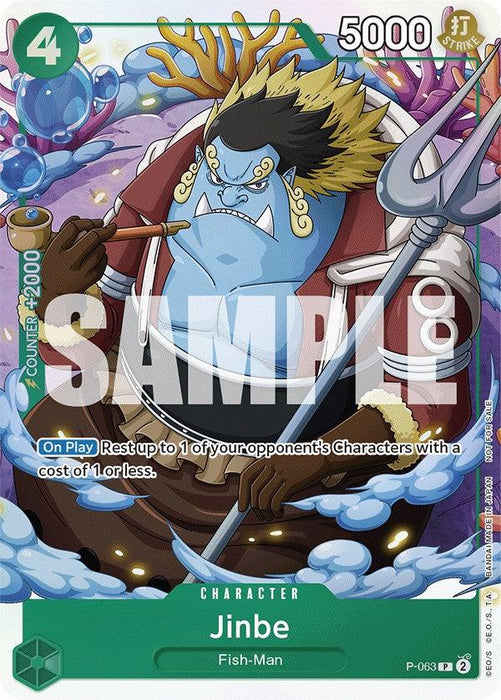 A trading card from Bandai's One Piece Promotion Cards series features Jinbe (Event Pack Vol. 4), a muscular, blue-skinned character with black hair and yellow sideburns, surrounded by swirling water and bubbles. The promo card displays various stats including a green '4' in the top left, '5000' power in the top right, and labels him as a 'Fish-Man'.