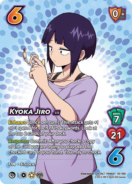 A Character Alternate Art Rare card from the "UniVersus" featuring Kyoka Jiro (Alternate Art) [Girl Power] in her school uniform. With stats of 7 hand size, 21 vitality, and 6 difficulty, Kyoka’s traits include "Enhance [Once per turn]" and "Response Commit.”