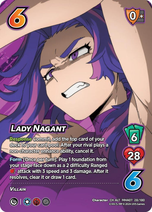 A UniVersus Lady Nagant (Alternate Art) [Girl Power] trading card depicts the villain Lady Nagant. She has long purple hair and an intense expression, with one arm stretched forward. The card shows an attack value of 6, a defense value of 6, and a speed of 6. Text provides details about her abilities and effects against opponents. The card has a purple background.
