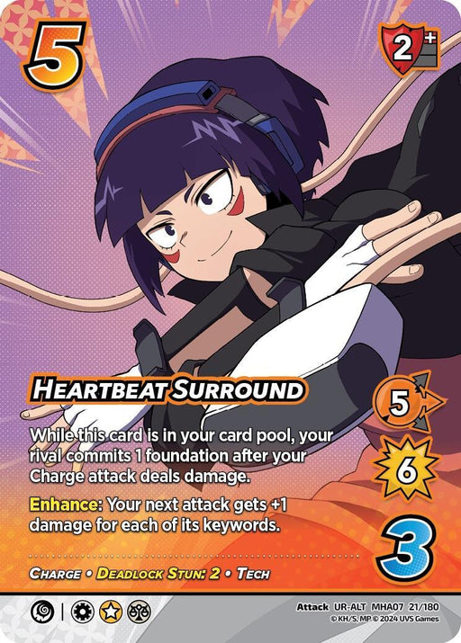 A Heartbeat Surround (Alternate Art) [Girl Power] UniVersus trading card depicts a character striking a dynamic pose with headphones and purple hair. Text reads "Heartbeat Surround" with power stats, abilities, and attack descriptions. This Ultra Rare Alternate Art card features top corners displaying a 5 and 2+ value, while the bottom right shows values of 5, 6, and 3.