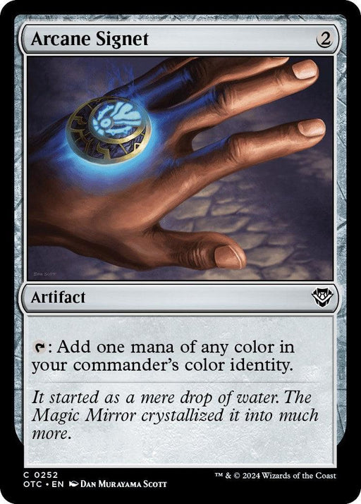 A Magic: The Gathering card named Arcane Signet [Outlaws of Thunder Junction Commander] depicts a hand reaching towards a glowing, blue-etched artifact. The card text states: "T: Add one mana of any color in your commander's color identity." The flavor text reads: "Outlaws of Thunder Junction sought the Magic Mirror, but it crystallized into much more.