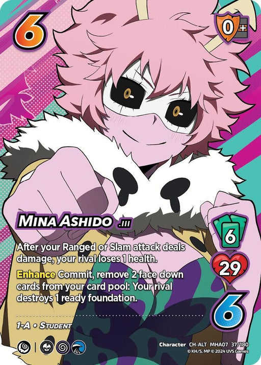 A card from the UniVersus featuring Mina Ashido (Alternate Art) [Girl Power]. She has pink skin, yellow horns, and wears black and white attire with a pink and teal background. Stats include 6 difficulty, 6 check, 0 hand size, 29 health, and 6 text with abilities highlighting her ranged attack.