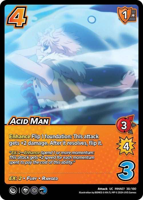 A trading card titled "Acid Man [Girl Power]" from UniVersus shows an animated character in action, glowing with energy. The card details a Fury attack value of 4, block of 1 high, speed of 4 mid, and damage of 3. Enhancements like EX:2 and attack abilities are listed, with the card's numbers highlighted in red, orange, and blue circles.