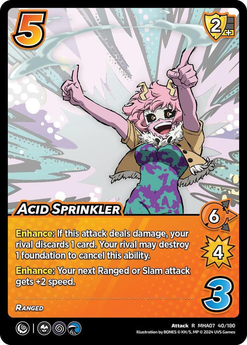 A detailed playing card titled "Acid Sprinkler [Girl Power]" by UniVersus. This rare card features an animated female character in a dynamic pose, wearing a blue and white outfit with furry trims. She appears to be shouting or cheering. The attack details include a 5-cost, 2 check, 6 damage value, 4 difficulty, and 3 speed. Descriptions of the card’s ranged abilities are also provided.