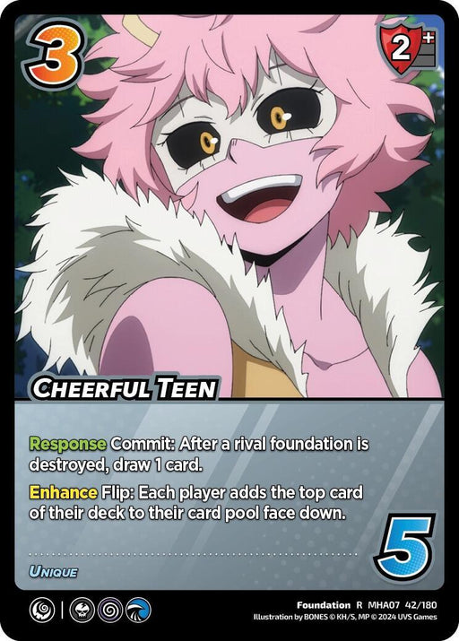 A rare playing card features an anime-style character with pink skin, yellow eyes, and fluffy pink hair, wearing a white fur collar and grinning widely. The card has a value of 3 in the top left corner and 2+ in the top right. The text box includes "Response" and "Enhance" abilities. The unique card is named Cheerful Teen [Girl Power] by UniVersus.