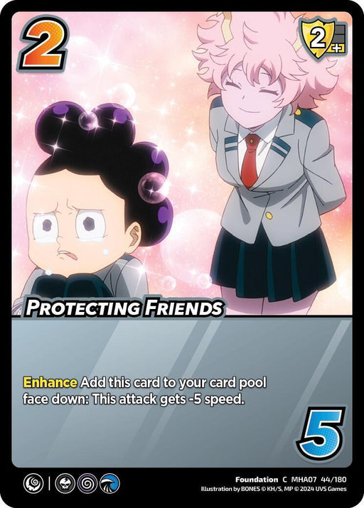 A UniVersus card titled "Protecting Friends [Girl Power]," a foundation card of common rarity, features two animated characters. The character on the left has puffy black hair and a concerned expression, while the character on the right has curly pink hair and is smiling with closed eyes. The card has a cost of 2 and ability details at the bottom.