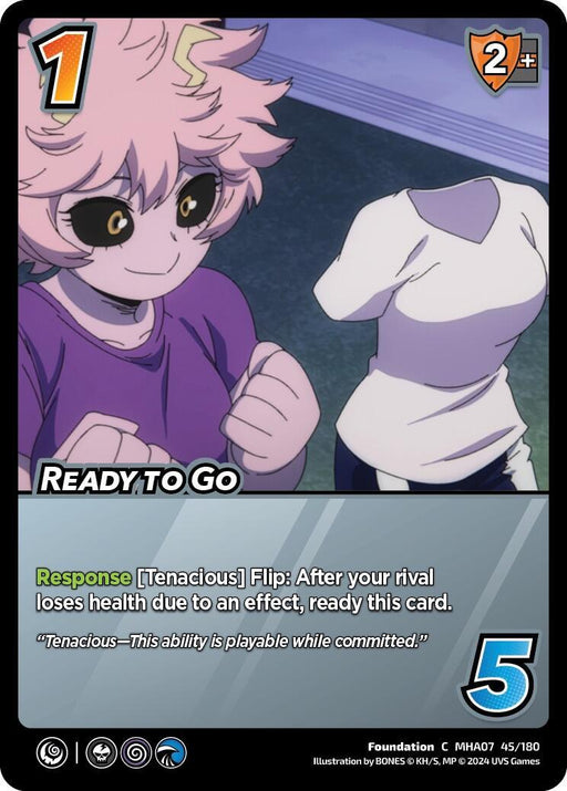 A brightly colored card from a game features a character with pink, curly hair, black sclerae, and horizontal pupils wearing a purple and black top. Titled "Ready to Go [Girl Power]," it includes the text "Response [Tenacious] Flip: After your rival experiences health loss due to an effect, ready this card." Several icons and stats are also displayed. This product is part of the UniVersus brand.