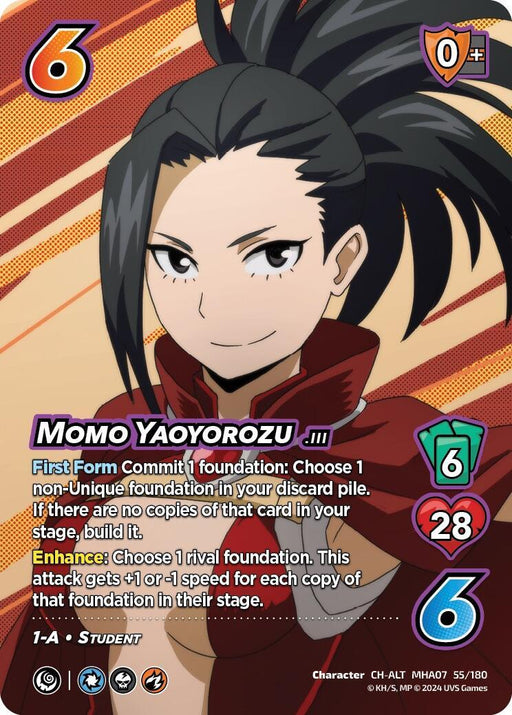 A trading card features Momo Yaoyorozu from "My Hero Academia" in a Character Alternate Art Rare design. She is smiling with black hair tied in a high ponytail. The card details her abilities and stats: 6 difficulty, 0 block mod, 6 control, 28 health, 6 hand size. The text describes her effects and actions. This product is the Momo Yaoyorozu (Alternate Art) [Girl Power] by UniVersus.