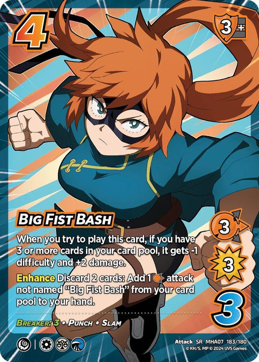 A rare attack card featuring an orange-haired character with glasses in a blue outfit mid-punch. Named "Big Fist Bash [Girl Power]," it has stats of 4 difficulty, 3 control check, 3 attack, damage, and speed. Abilities include decreasing difficulty, adding +2 damage under certain conditions, and another card draw ability. The card is part of the UniVersus brand.