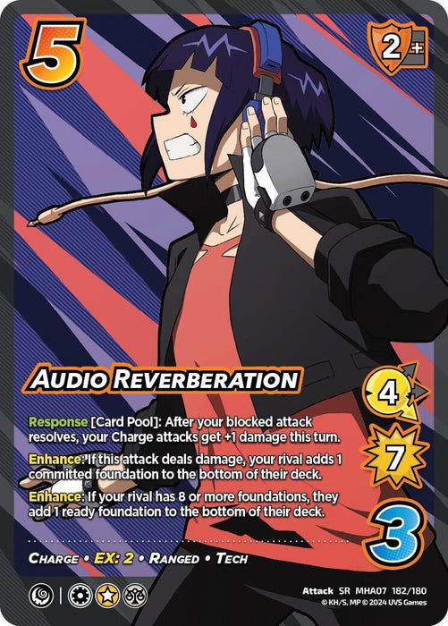 A trading card named "Audio Reverberation [Girl Power]" from UniVersus features a character with short blue hair, a red earpiece, and a dark, tech-inspired outfit. The card displays stats including 5 difficulty, 2 control, 4 high attack, 7 mid block, and 3 low damage. Special abilities and ranged attack details are listed on the card.