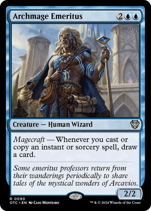 A Magic: The Gathering card titled "Archmage Emeritus [Outlaws of Thunder Junction Commander]." It features a blue-skinned, muscular Human Wizard with flowing hair and magical energy swirling around him. The card's mana cost is two generic and two blue, with 2/2 power and toughness and the Magecraft ability. The flavor text at the bottom describes wandering professors sharing tales.